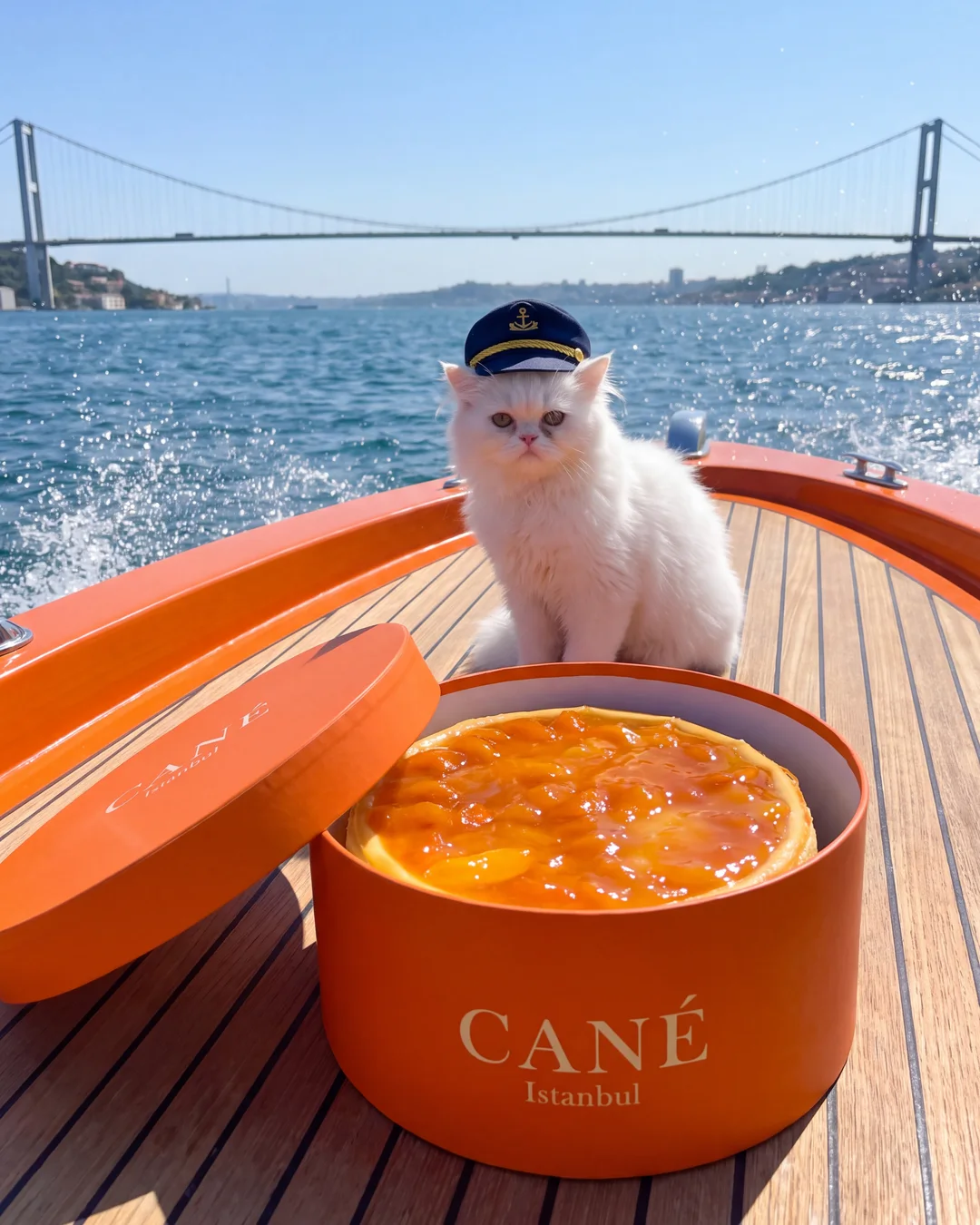 A white kitten in a captain hat on an orange boat with an open CANÉ box