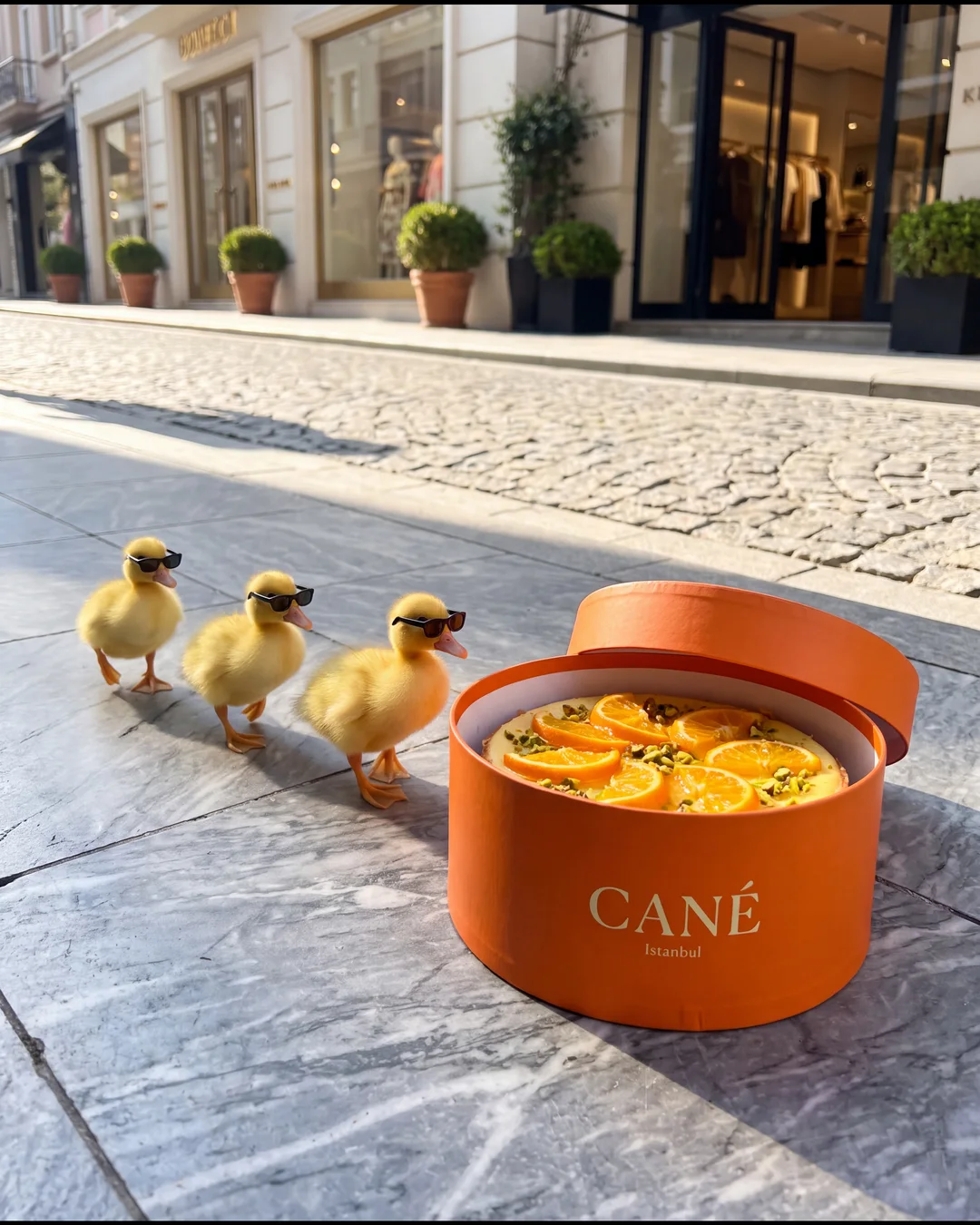 Three ducklings in sunglasses walking to an open CANÉ box
