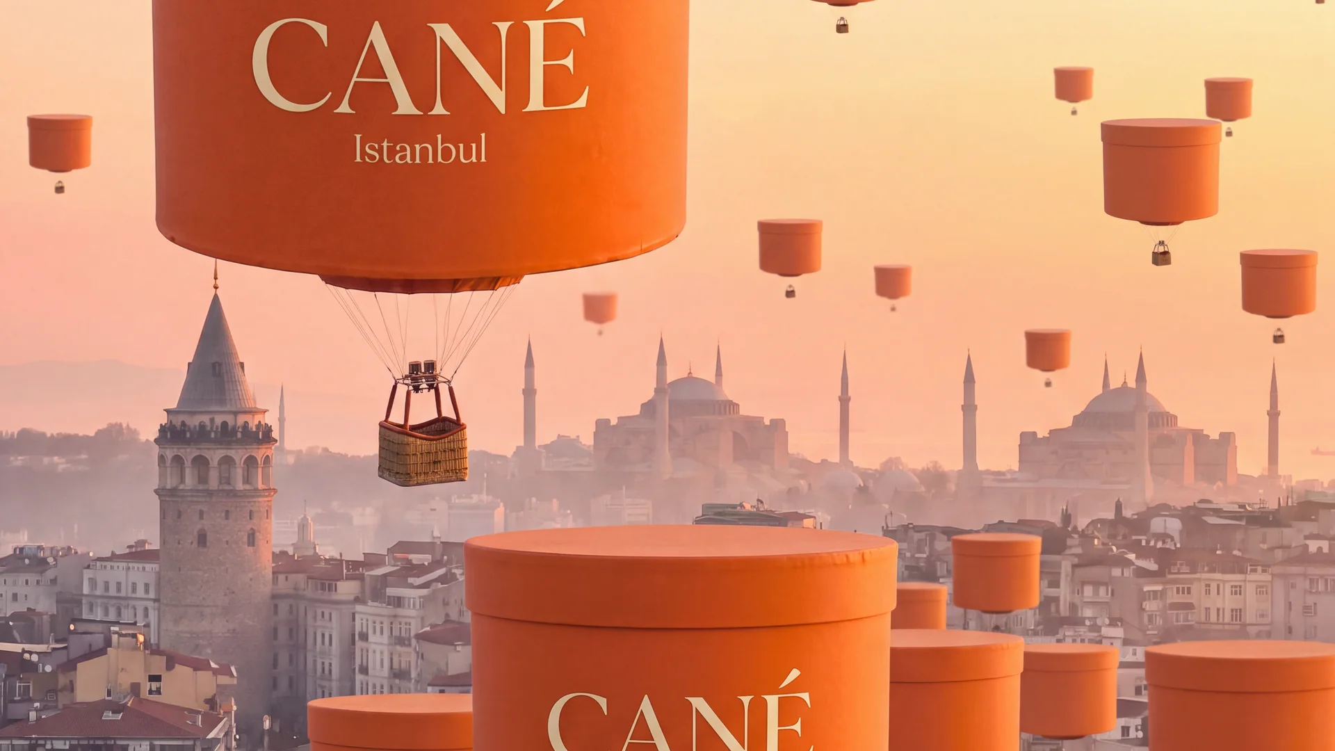 CANÉ box balloons over the Istanbul skyline at sunrise