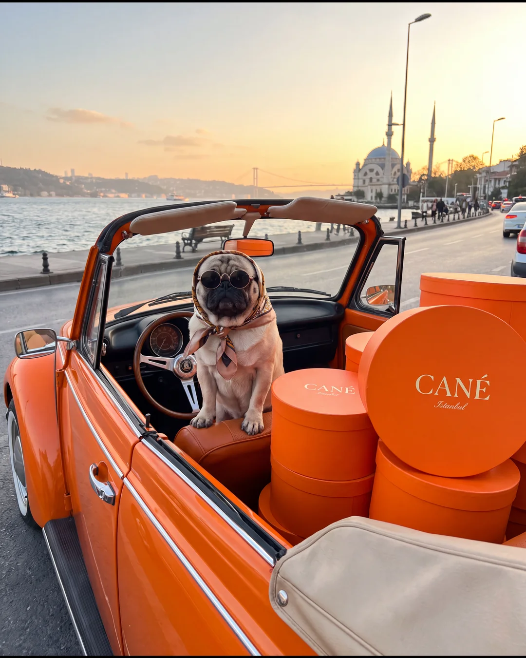 A pug in sunglasses driving an orange convertible full of CANÉ boxes along the Bosphorus