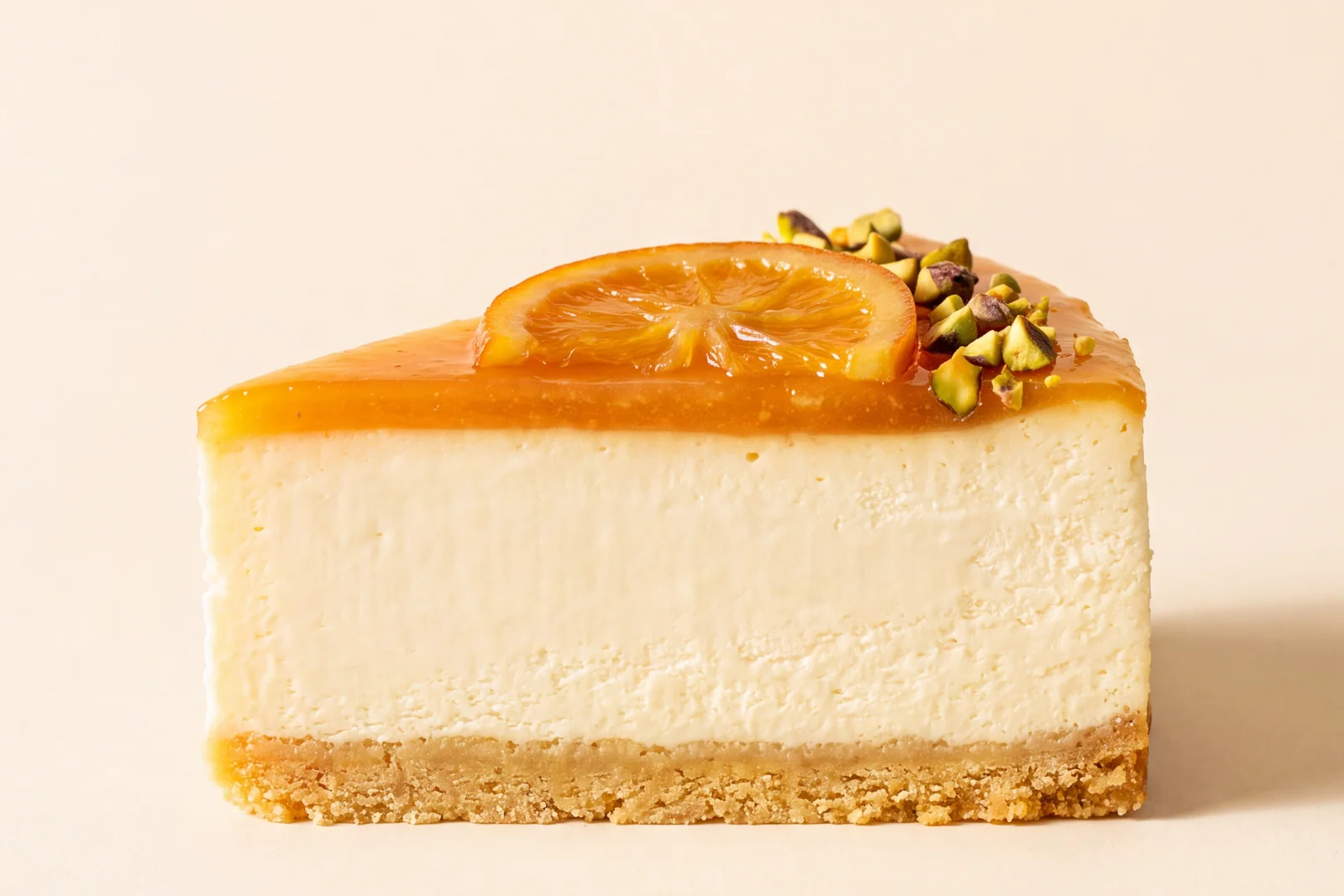 Cross-section of a CANÉ cheesecake slice: biscuit base, cream cheese, orange and pistachio topping